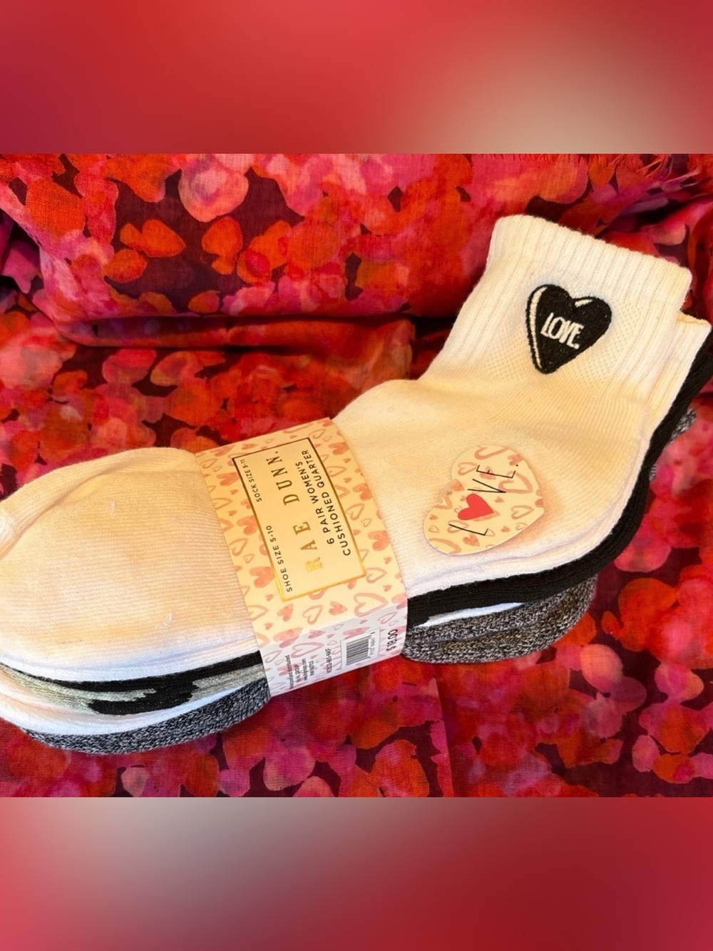 NWT RAE DUNN 6 pair women’s cushioned quarter socks hearts/love gray white blk